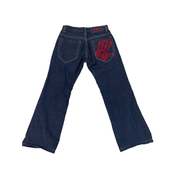 Miskeen Dark Wash Denim Jeans W/ Red Handprint Logo Flared Legs Sz 30R - Picture 1 of 8